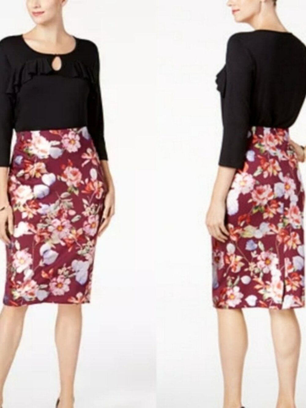 ECI Burgundy Floral Skirt Sz S  Foil Pencil Straight Pull-On